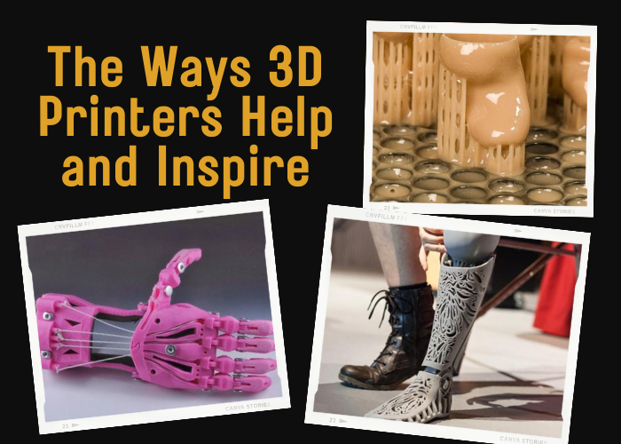 Image of 3d prints that help people; hearing aids and limbs.