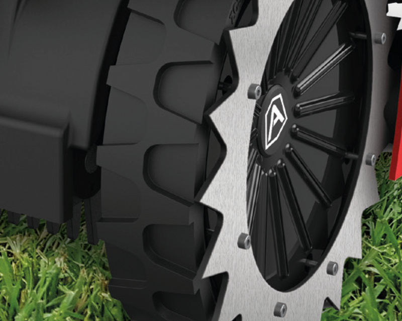 L250 Deluxe Ambrogio Robotic Lawn Mower front view of tires with logo